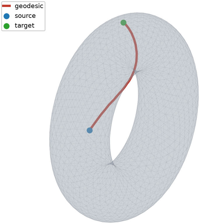Exact geodesic path between two surface points on a triangulated torus